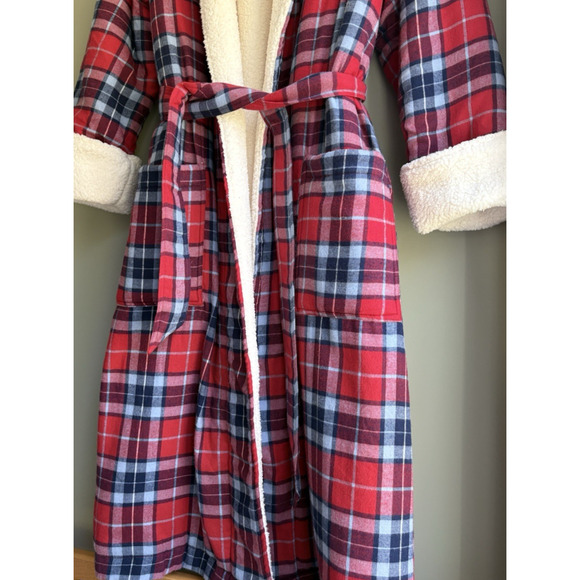 LANDS END Size Large 14-16 Red Plaid Cotton Flannel Sherpa Lined Bath Robe Cozy - Picture 6 of 15
